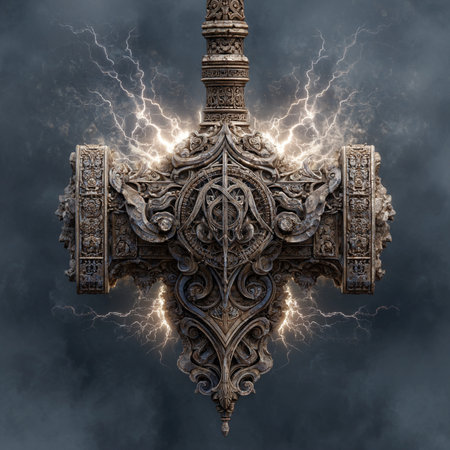 3D illustration of a medieval cross with lightning in the background.の素材