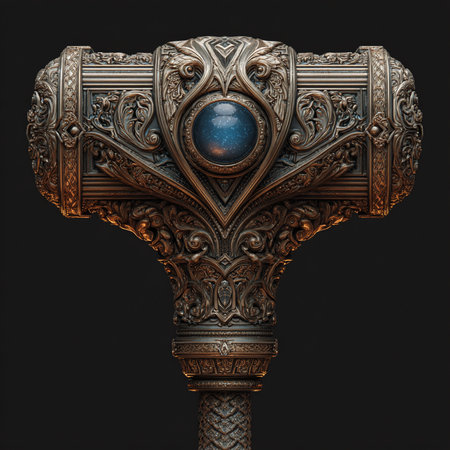 Bronze viking helmet with a blue moon on a black backgroundの素材