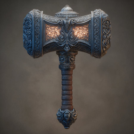Medieval wooden ax on gray background. 3d render illustration.の素材