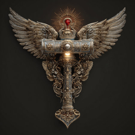 Medieval iron sword with wings and cross. 3d illustration.の素材