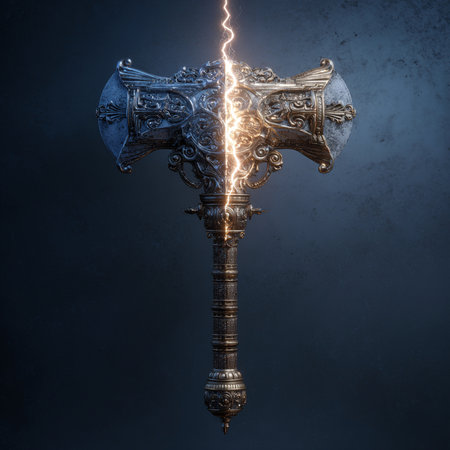 Medieval battle ax with lightning on a dark background. 3d renderingの素材