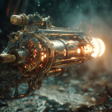 Steampunk machine in the smoke, toned image, close-upの素材