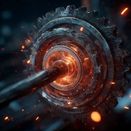 Industrial metal gear and sparks on black background, close-upの素材
