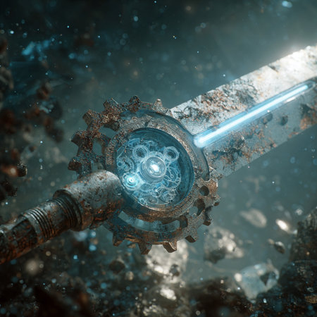 Mechanical gear in space. 3d rendering toned image.の素材