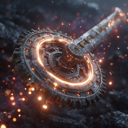 3d rendering of a gear wheel with sparks flying in the airの素材