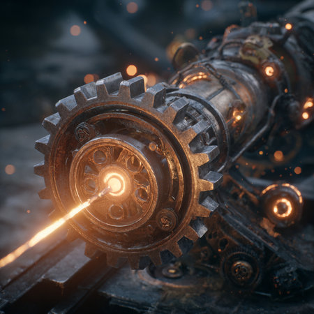 Metalworking. Close-up of a gear wheel with sparks.の素材