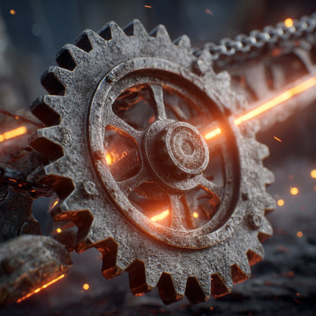 Industrial metal gears and cogwheels with sparks. Industrial backgroundの素材