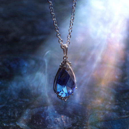jewelry pendant with blue gemstone on a dark backgroundの素材