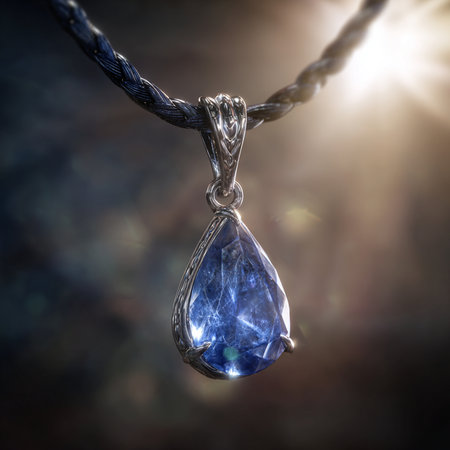 Blue gemstone pendant hanging on a rope. 3d renderの素材