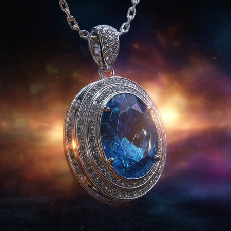 Pendant with blue sapphire on a dark background. 3D renderingの素材