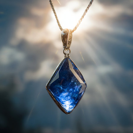 Beautiful blue pendant on a chain on a background of the skyの素材