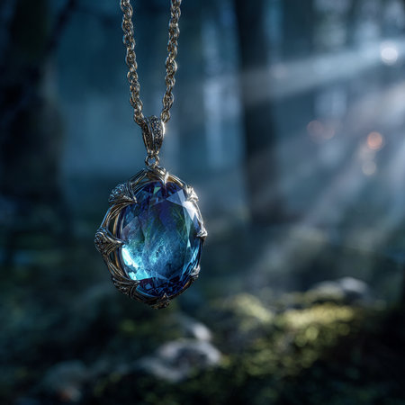 Blue pendant on a chain on the background of the forest.の素材