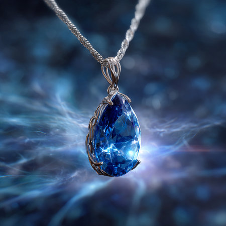 Necklace with blue sapphire on dark blue background. 3D renderingの素材