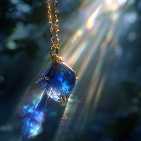 jewelry pendant on a chain in the rays of lightの素材
