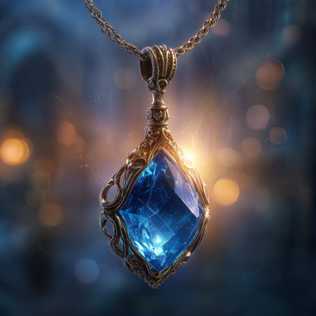 Jewelry pendant with blue gemstone on chain on bokeh backgroundの素材