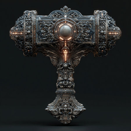 Ornate carved metal cross on a black background. 3d renderの素材