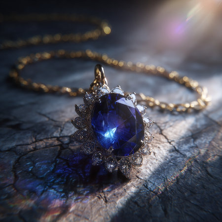 Blue pendant with precious stones on a dark background. Selective focus.の素材
