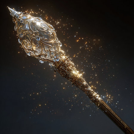 Magic wand with golden sparkles on a black background. 3d renderingの素材