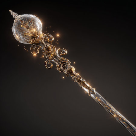 Vintage magic wand with crystal ball on black background. 3d illustrationの素材