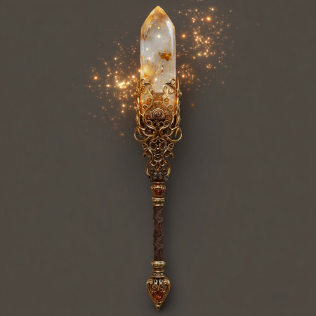 Fantasy magic wand with crystal and lights. 3D illustrations.の素材