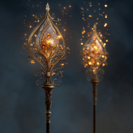 Beautiful golden lamp with smoke and bokeh on dark backgroundの素材