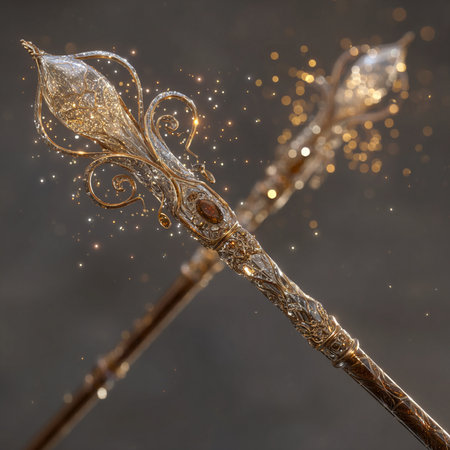 Close-up of a silver spear on a dark background with sparklesの素材