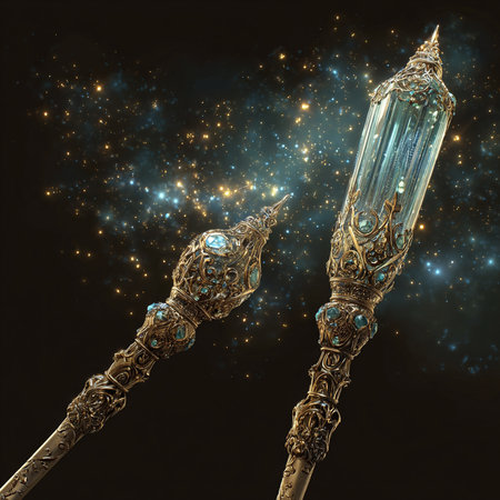 Glowing magic crystal sword with fire and stars on black background.の素材