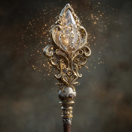 Old medieval torch with golden ornament on dark background. 3d illustrationの素材