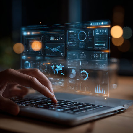 Close up of female hands using laptop with glowing business interface. Mixed mediaの素材