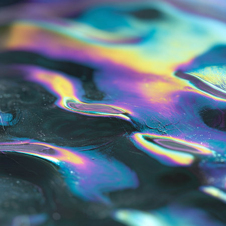 Colorful abstract background. Close-up of oil drops on water surfaceの素材