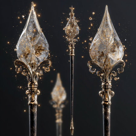 Two medieval spears with golden ornament on a black background. Selective focus.の素材