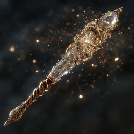 3d illustration of golden magic wand on black background with sparklesの素材