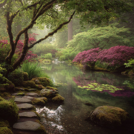 Beautiful Japanese garden in the morning with fog and a pond with flowersの素材