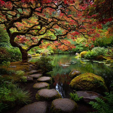 Beautiful Japanese garden in autumn season at Kyoto, Japan. Nature background.の素材