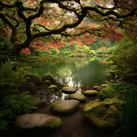 Beautiful autumn landscape in the Japanese garden with a pond and red treesの素材