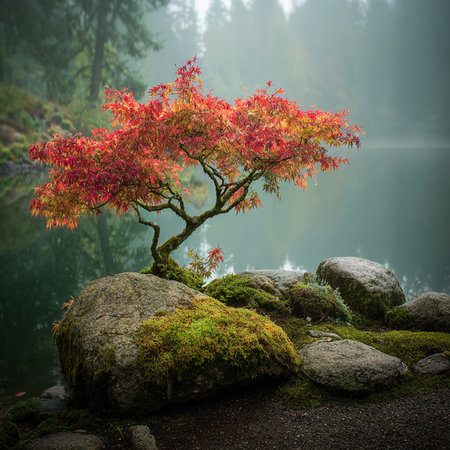 Autumn Japanese garden with lake and foggy morning. Bonsaiの素材