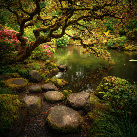 Japanese garden in autumn with pond and blooming rhododendronsの素材