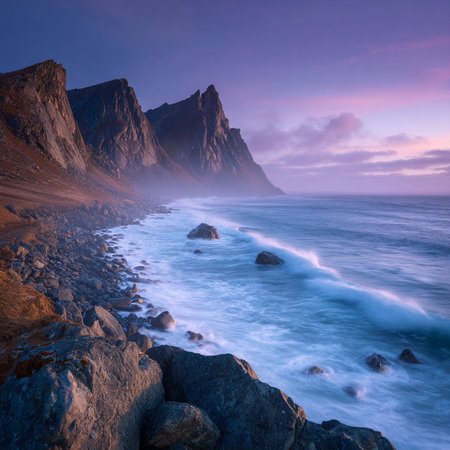 Beautiful seascape at sunset. Lofoten islands, Norway.の素材