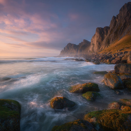 Beautiful seascape. Dramatic overcast sky. Long exposure.の素材