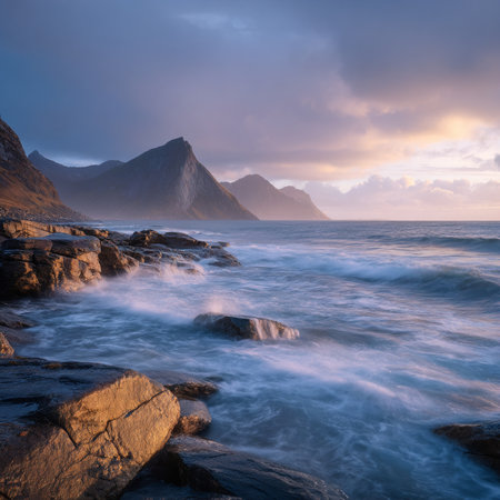 Long exposure of the coastline at Lofoten islands, Norwayの素材