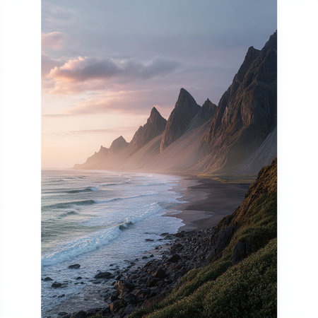 Beautiful sunset at Reynisfjara Beach, Iceland, Europeの素材