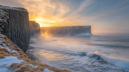 Panoramic view of Reynisfjara Beach at sunset, Icelandの素材