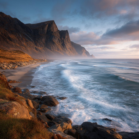 Beautiful seascape at sunset in Faroe Islands, Denmarkの素材