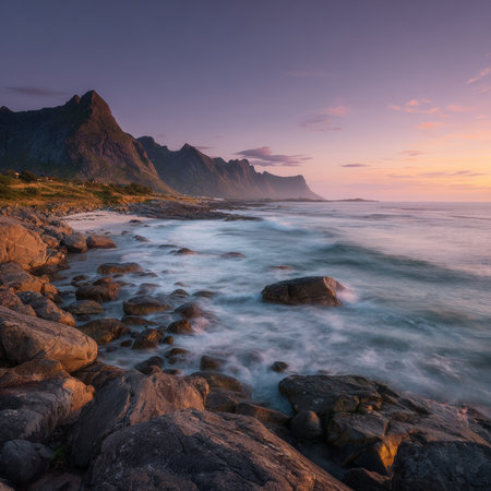 Beautiful seascape at sunrise. Lofoten islands, Norwayの素材