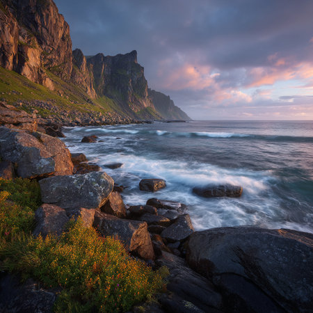 Beautiful seascape at sunset in Lofoten islands, Norwayの素材