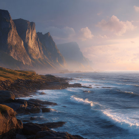 Sunrise over the Atlantic Ocean in Lofoten, Norwayの素材