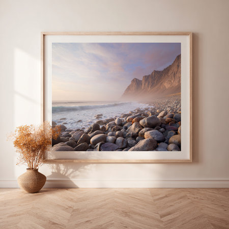 Modern bright interiors apartment with mockup poster frame 3D rendering illustrationの素材