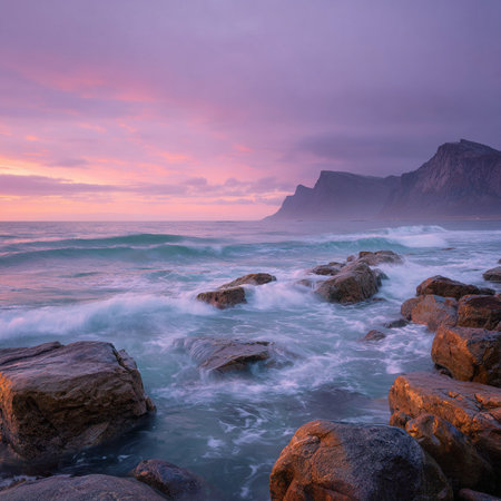 Beautiful seascape at sunrise. Colorful sky. Long exposure.の素材