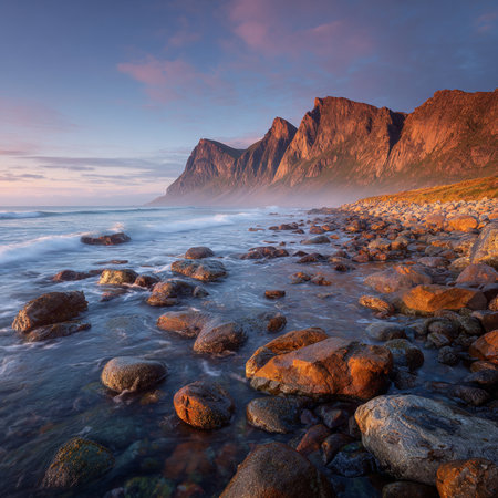 Beautiful seascape. Colorful spring sunrise on the Lofoten islands, Norway.の素材