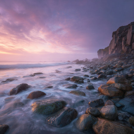 Long exposure of rocks in the sea at sunrise. Long exposure photographyの素材